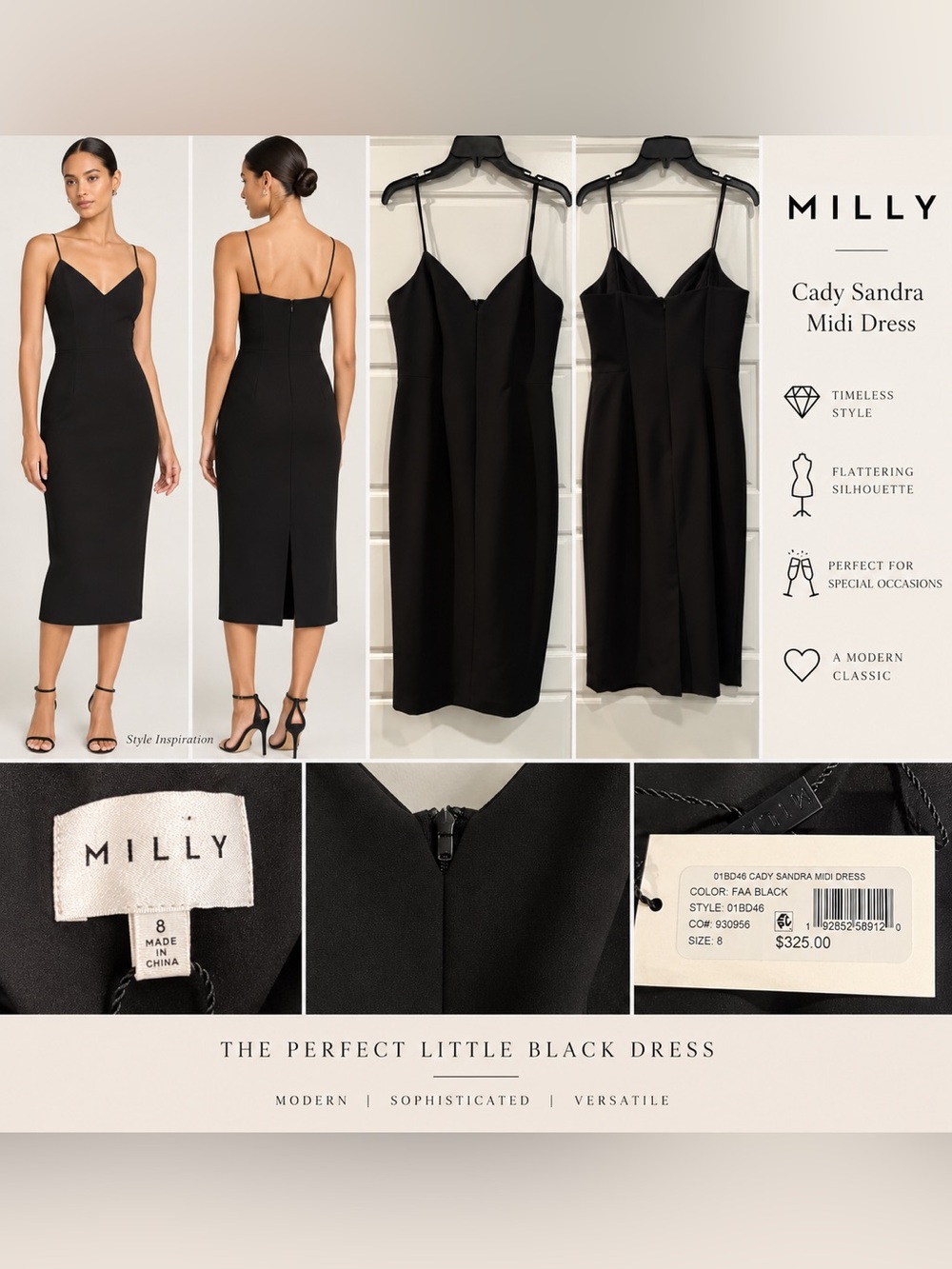 NWT Milly Cady Sandra Midi Dress Black Size 8 $325